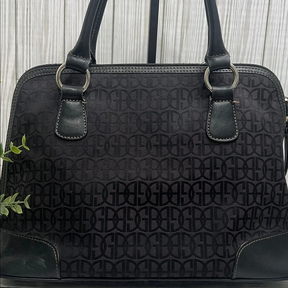 Gianni Bini Black Jacquard Logo Satchel Tote Handbag Leather Trim Structured Bag